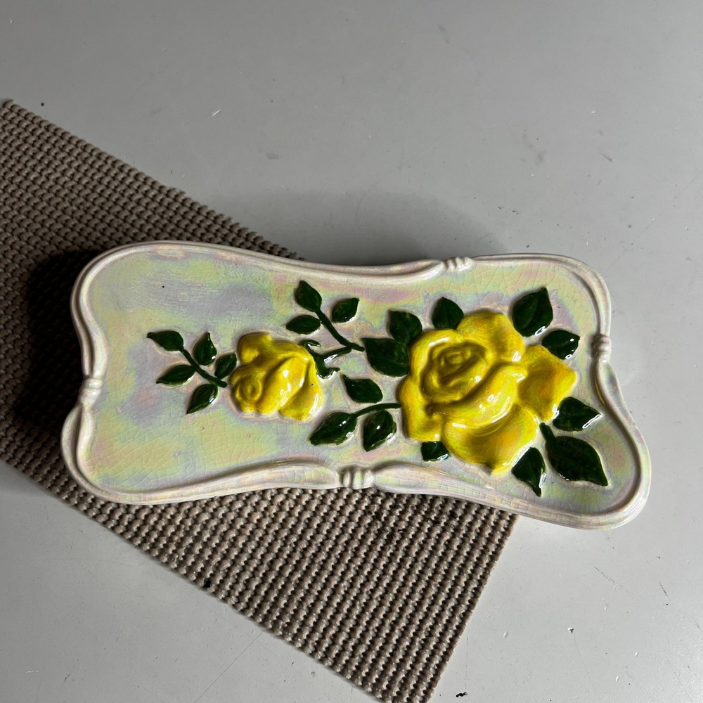 Vintage Iridescent Lusterware Ceramic Trinket Box Rose Floral Jewelry Case